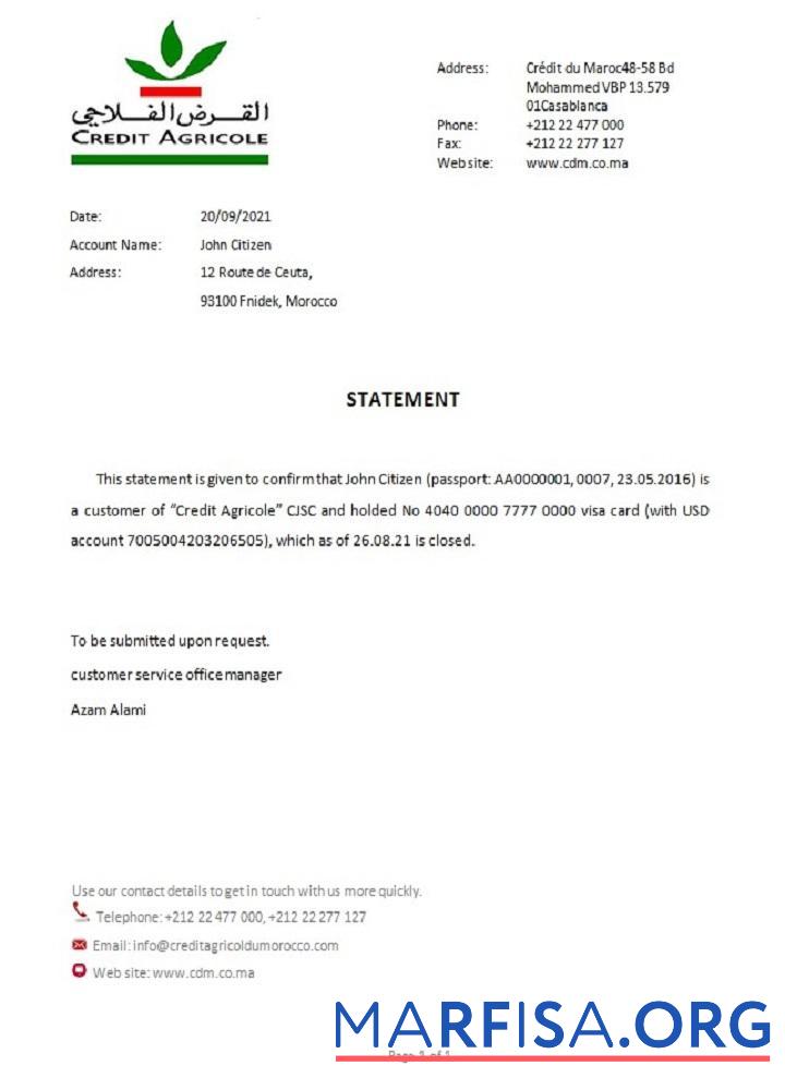 Realistic Morocco Credit Agricole bank closure reference download for verification